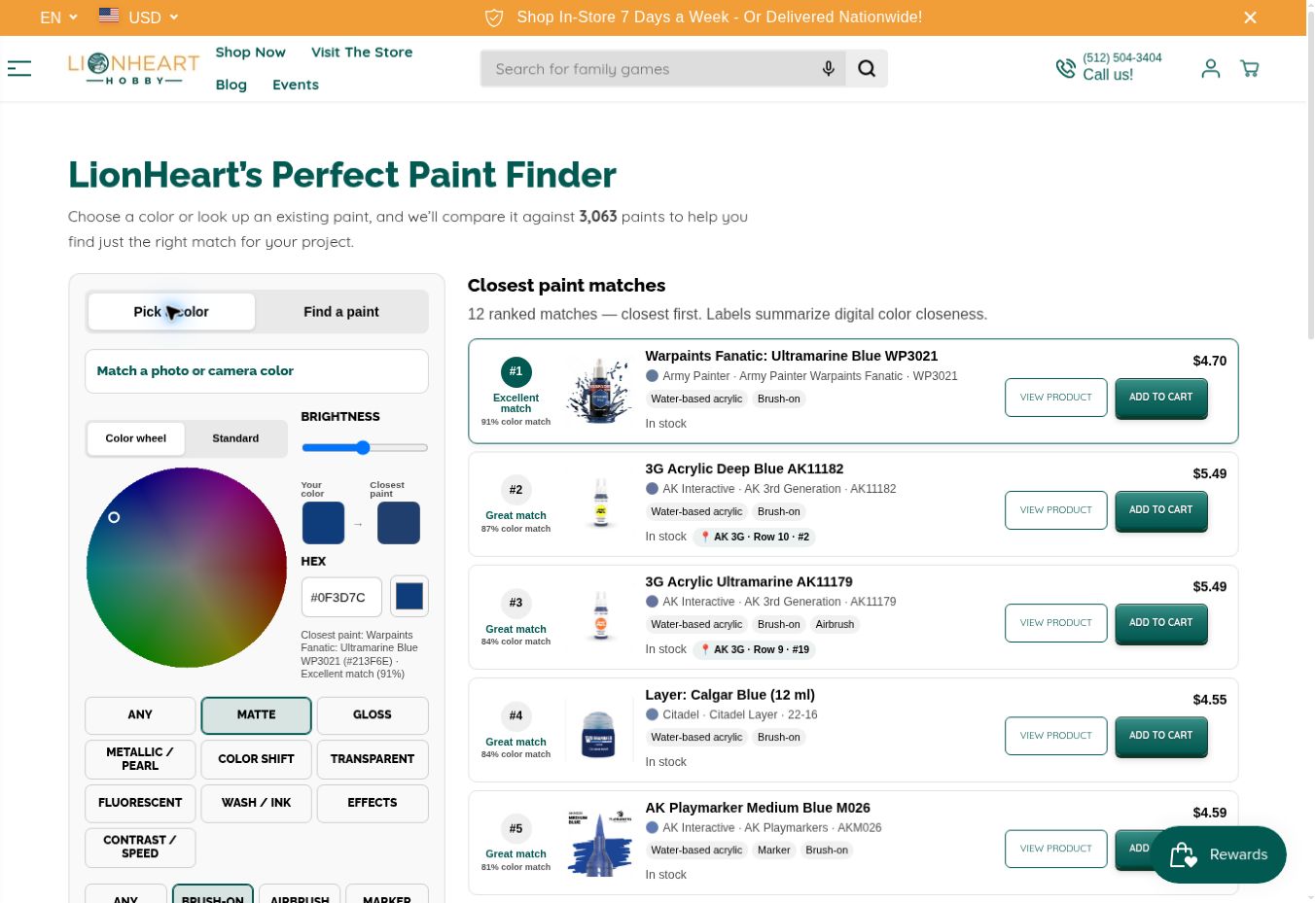 LionHeart’s Perfect Paint Finder showing a color wheel and suggested blue hobby paints.