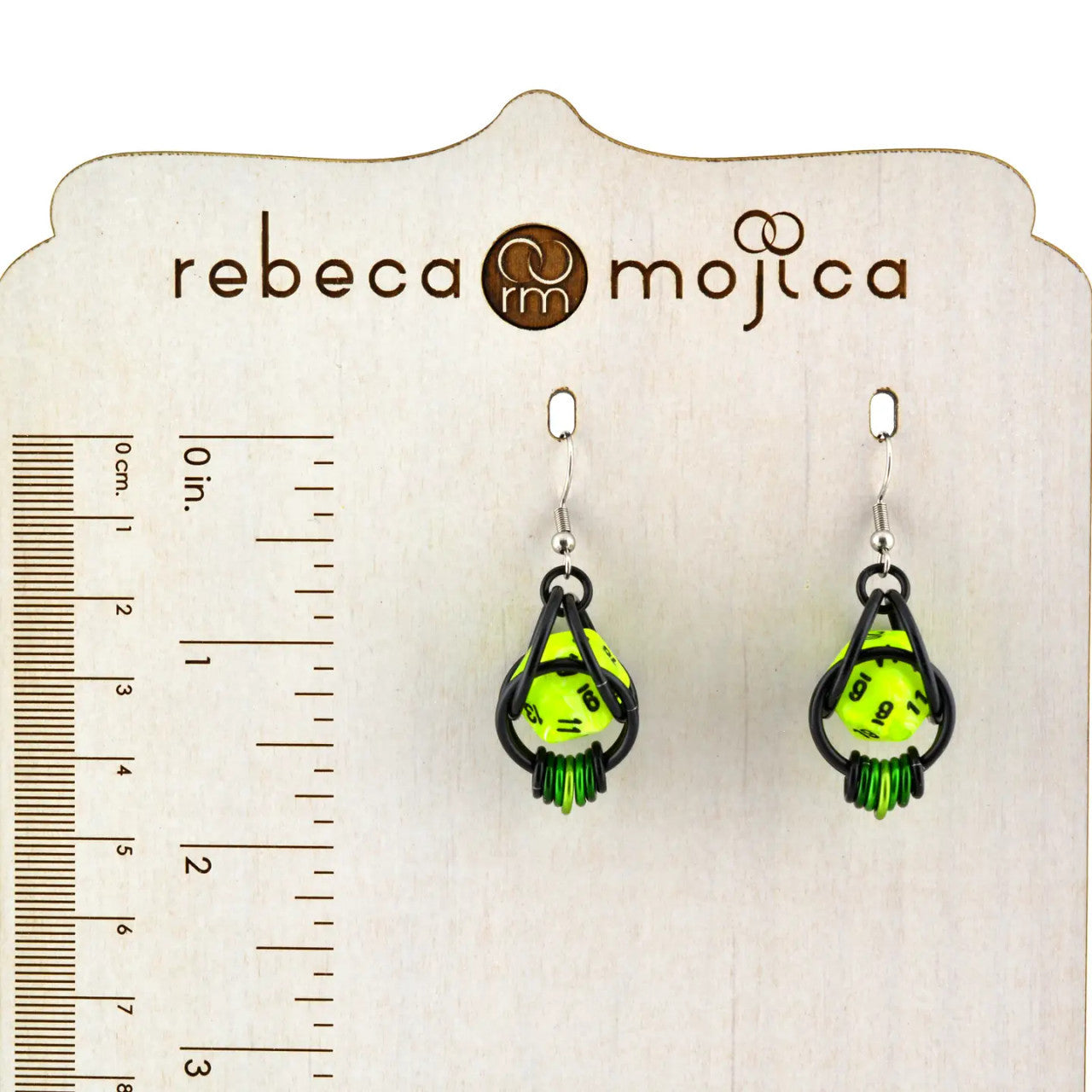 D20 Neon Green Earrings - 20-sided Dice in Black Chainmaille