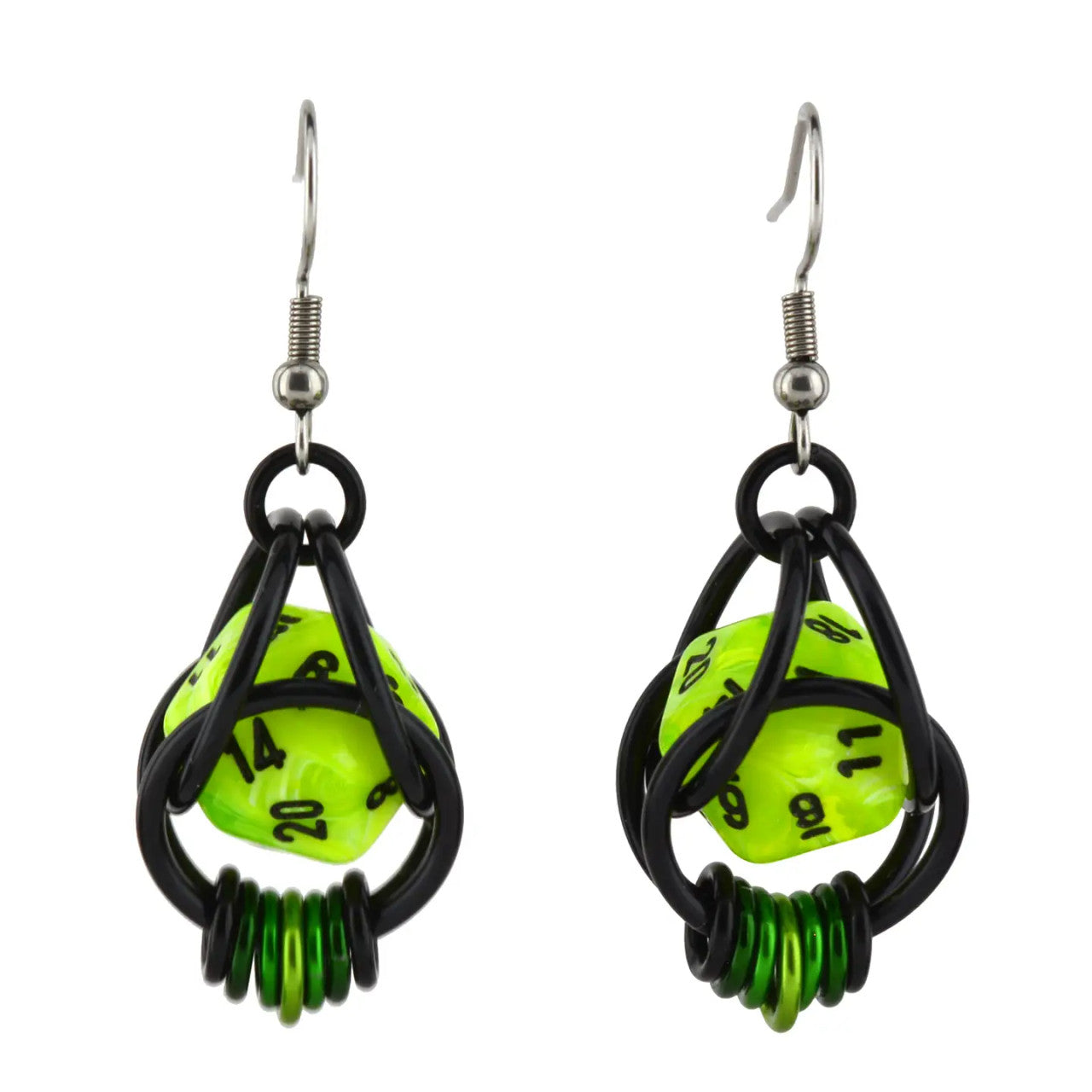 D20 Neon Green Earrings - 20-sided Dice in Black Chainmaille