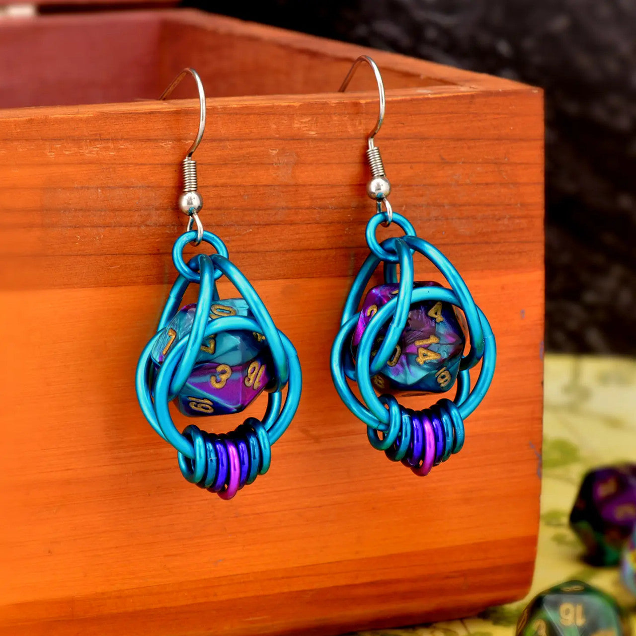 D20 Magical Butterfly Earrings - Purple & Turquoise Dice