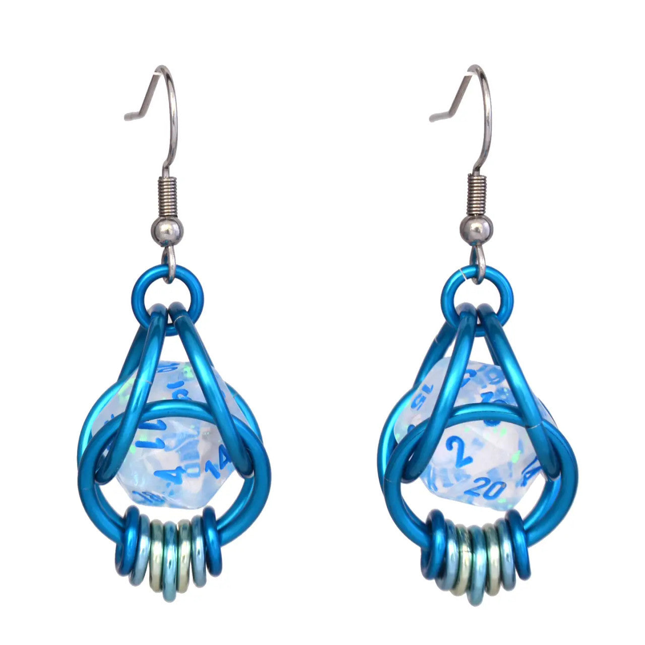 D20 Clear Blue Shimmer Earrings - UV Reactive Dice Jewelry