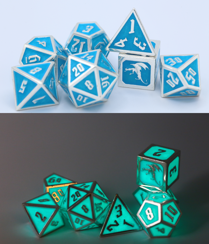 HYMGHO Draconis solid metal RPG dice set in glow in the dark blue