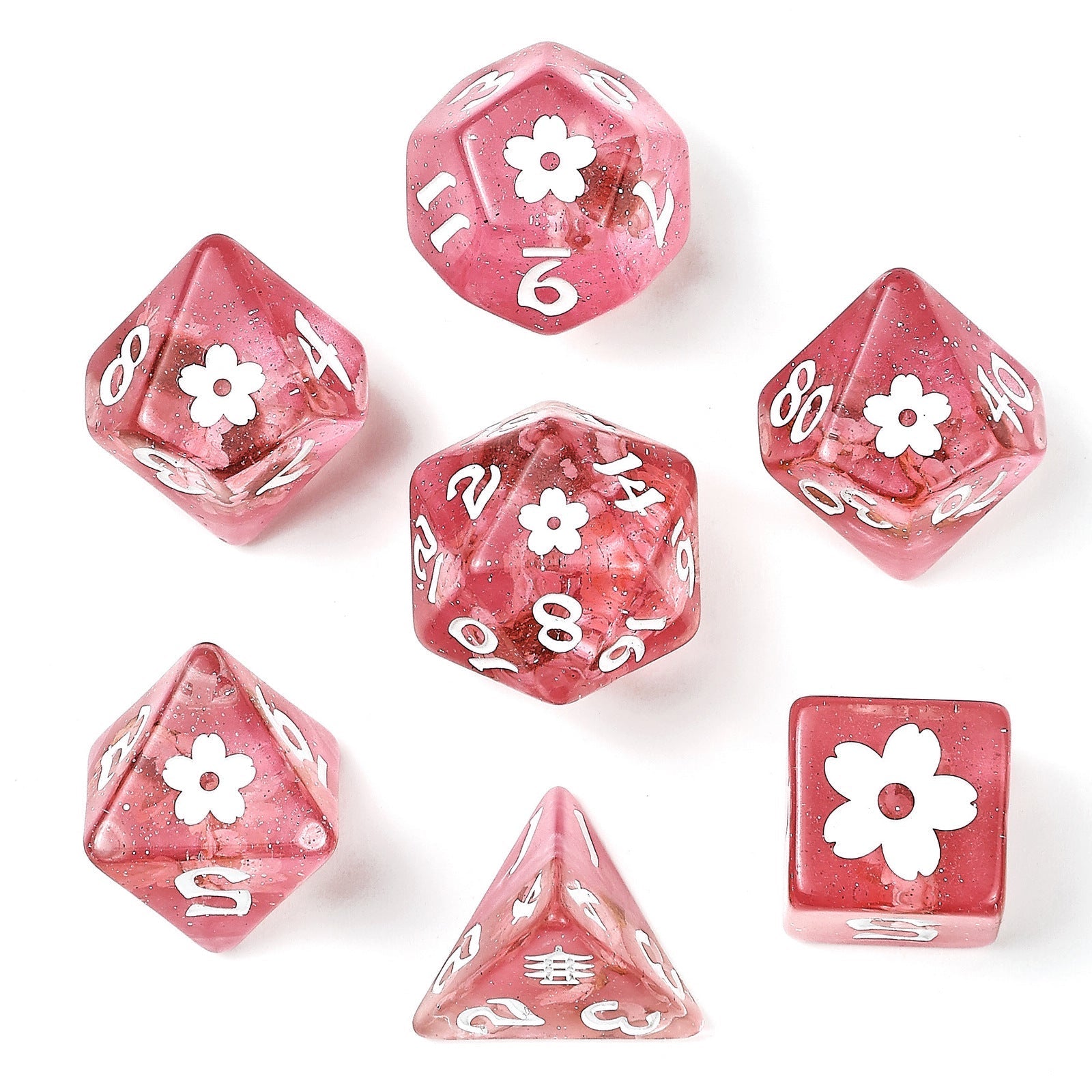 HYMGHO Sakura Blossom Pink with White Ink resin RPG dice set