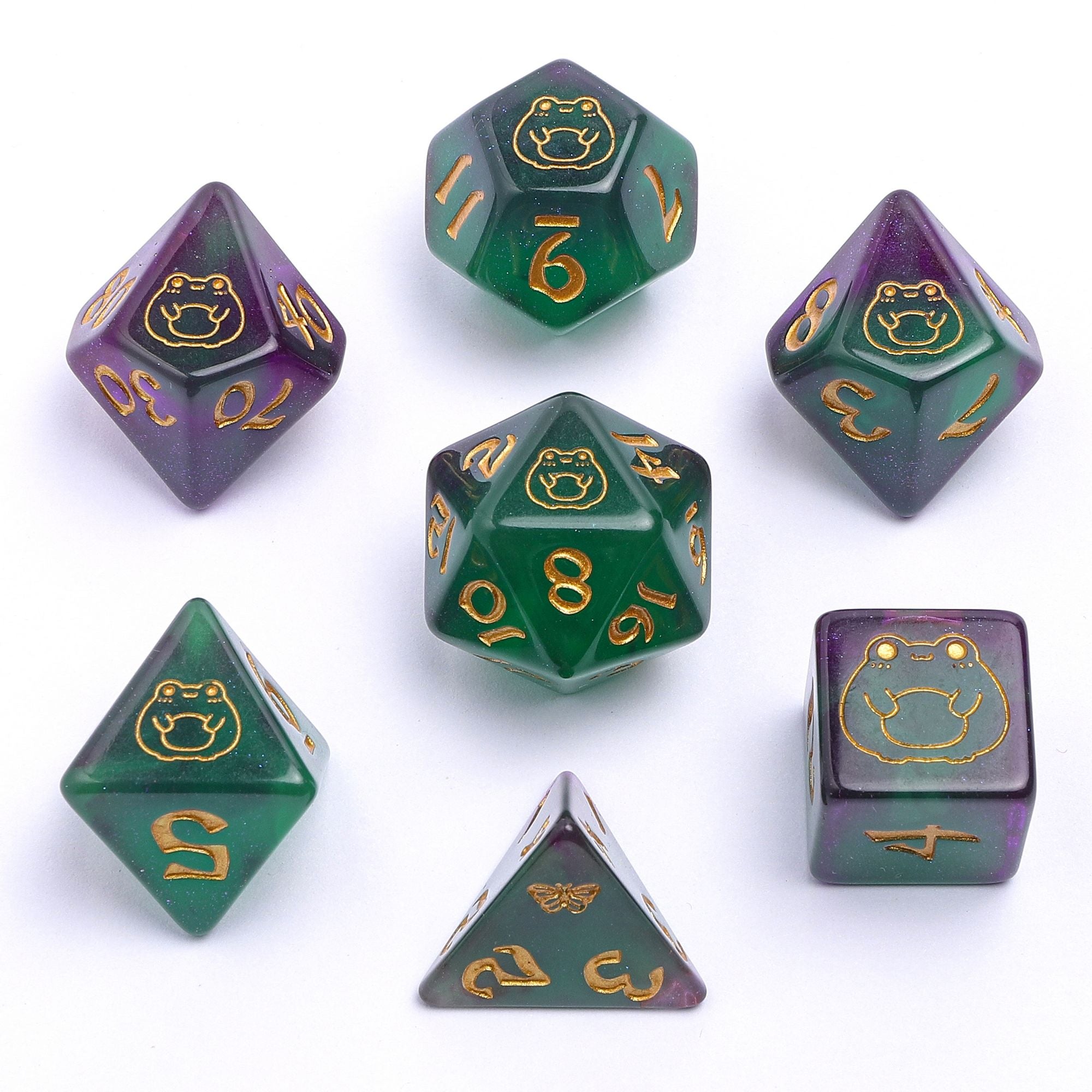 HYMGHO Wyrmforged Rollers Bog Frog Gold glow in the dark resin RPG dice set