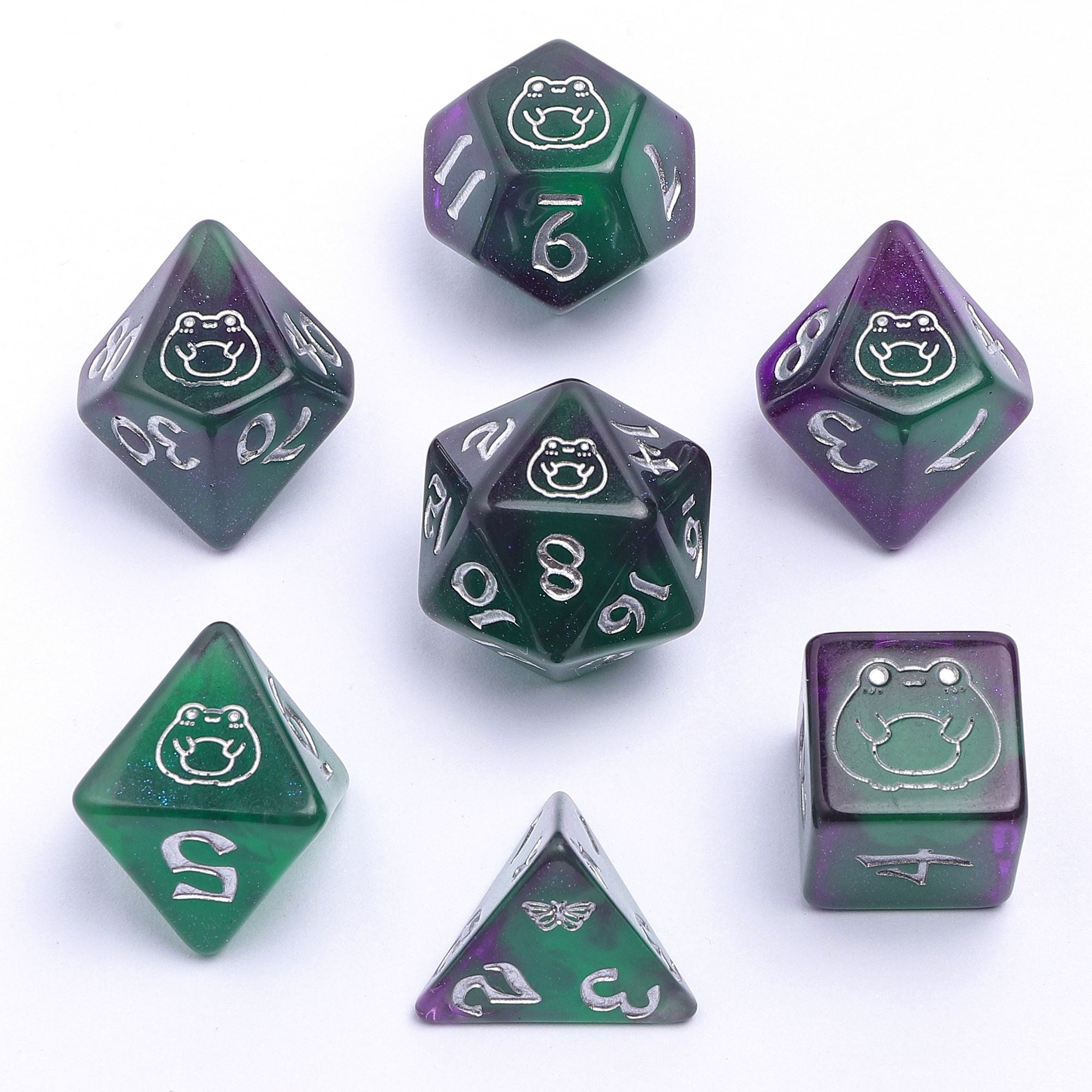 HYMGHO Wyrmforged Rollers Bog Frog Silver glow in the dark resin RPG dice set