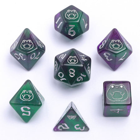 HYMGHO Wyrmforged Rollers Bog Frog Silver glow in the dark resin RPG dice set