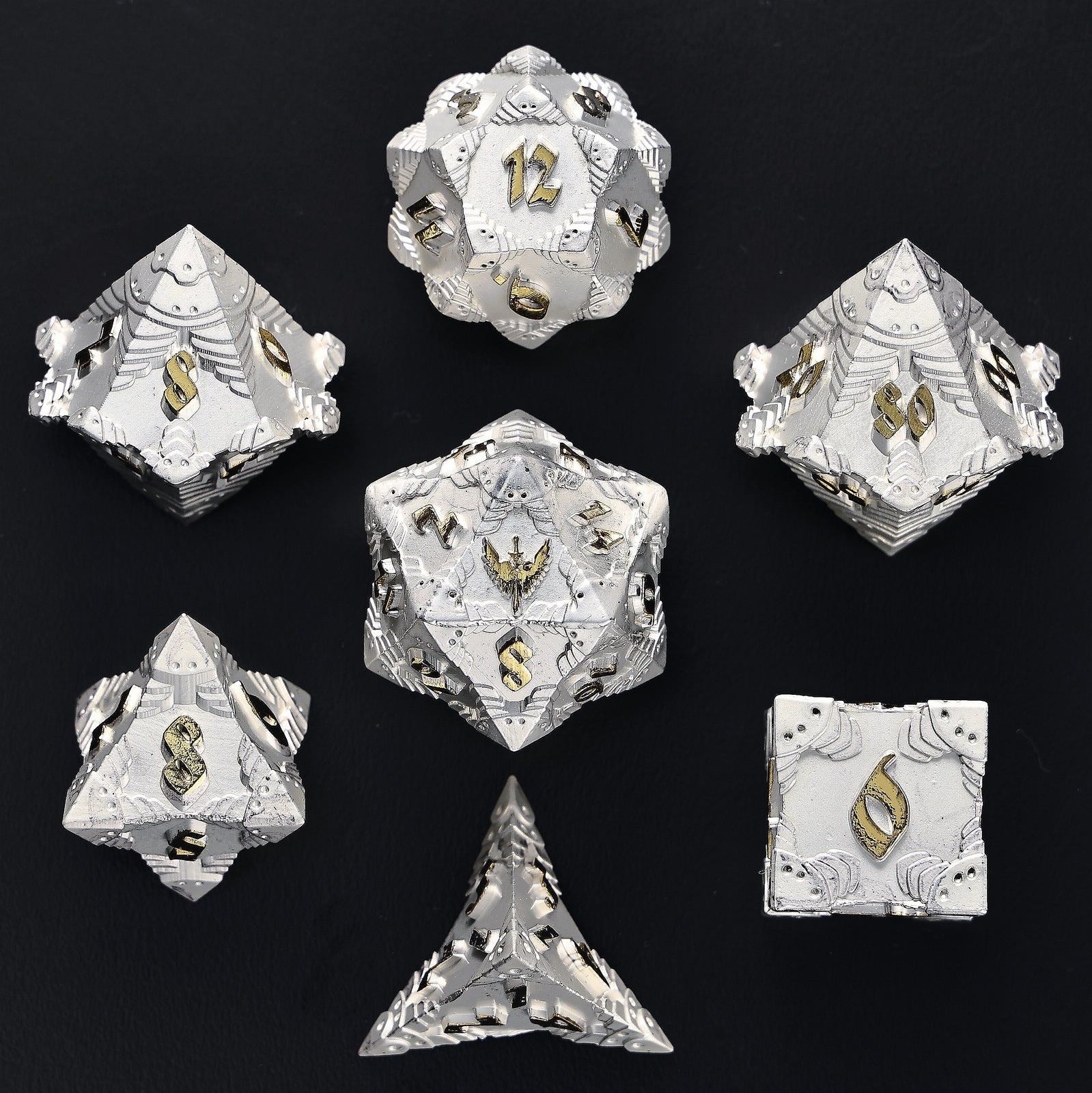 HYMGHO Paladin Matte Silver with Gold solid metal RPG dice set