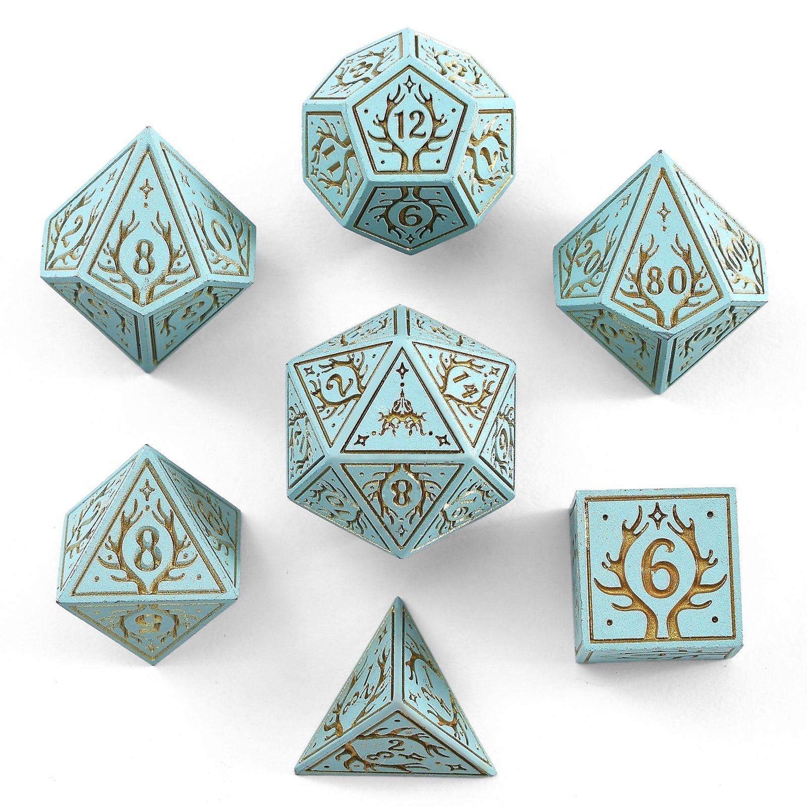 HYMGHO Druid Solid Metal RPG Dice Set Pale Cyan with Gold