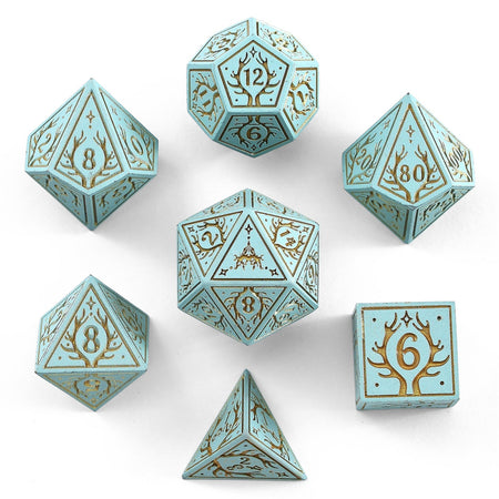HYMGHO Druid Solid Metal RPG Dice Set Pale Cyan with Gold