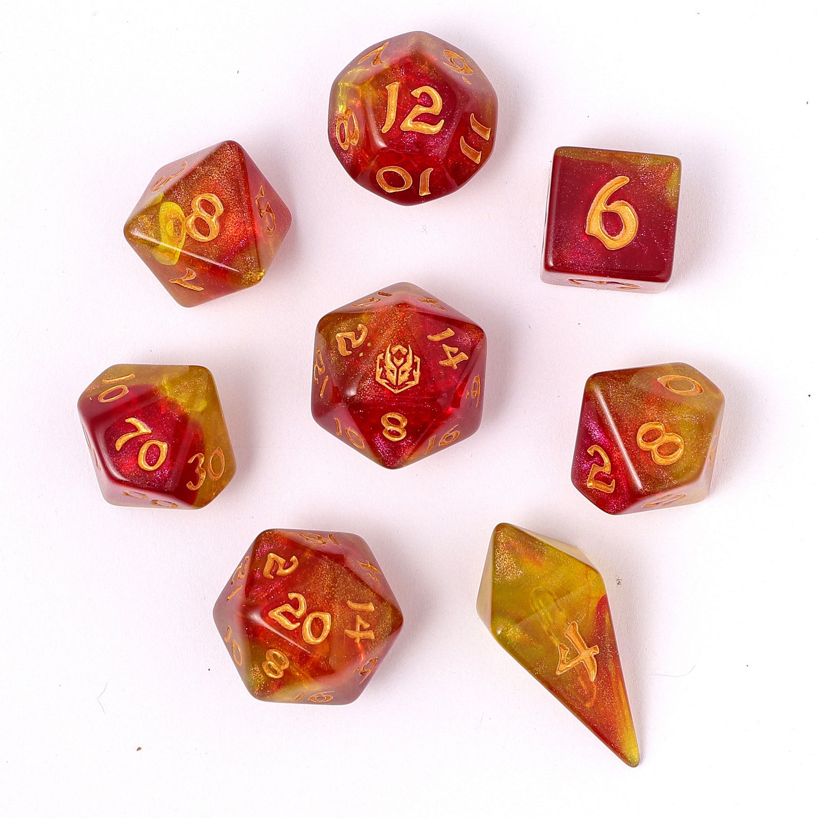 HYMGHO Wyrmforged Rollers 8 Piece RPG Dice Set Phoenix Feather