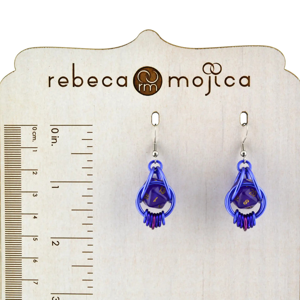 D20 Purple Magic Earrings - Mini Dice in Chainmaille Cage