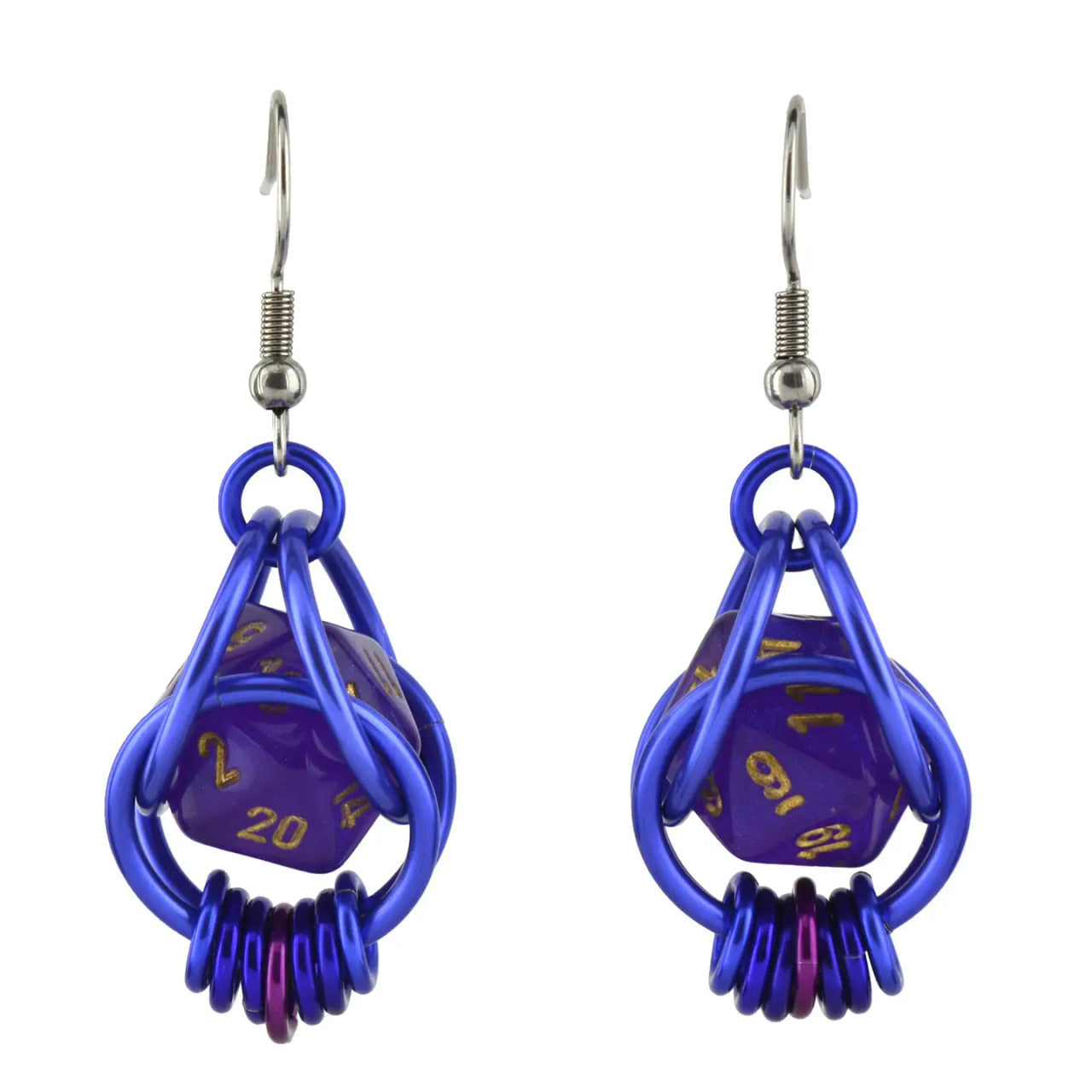D20 Purple Magic Earrings - Mini Dice in Chainmaille Cage