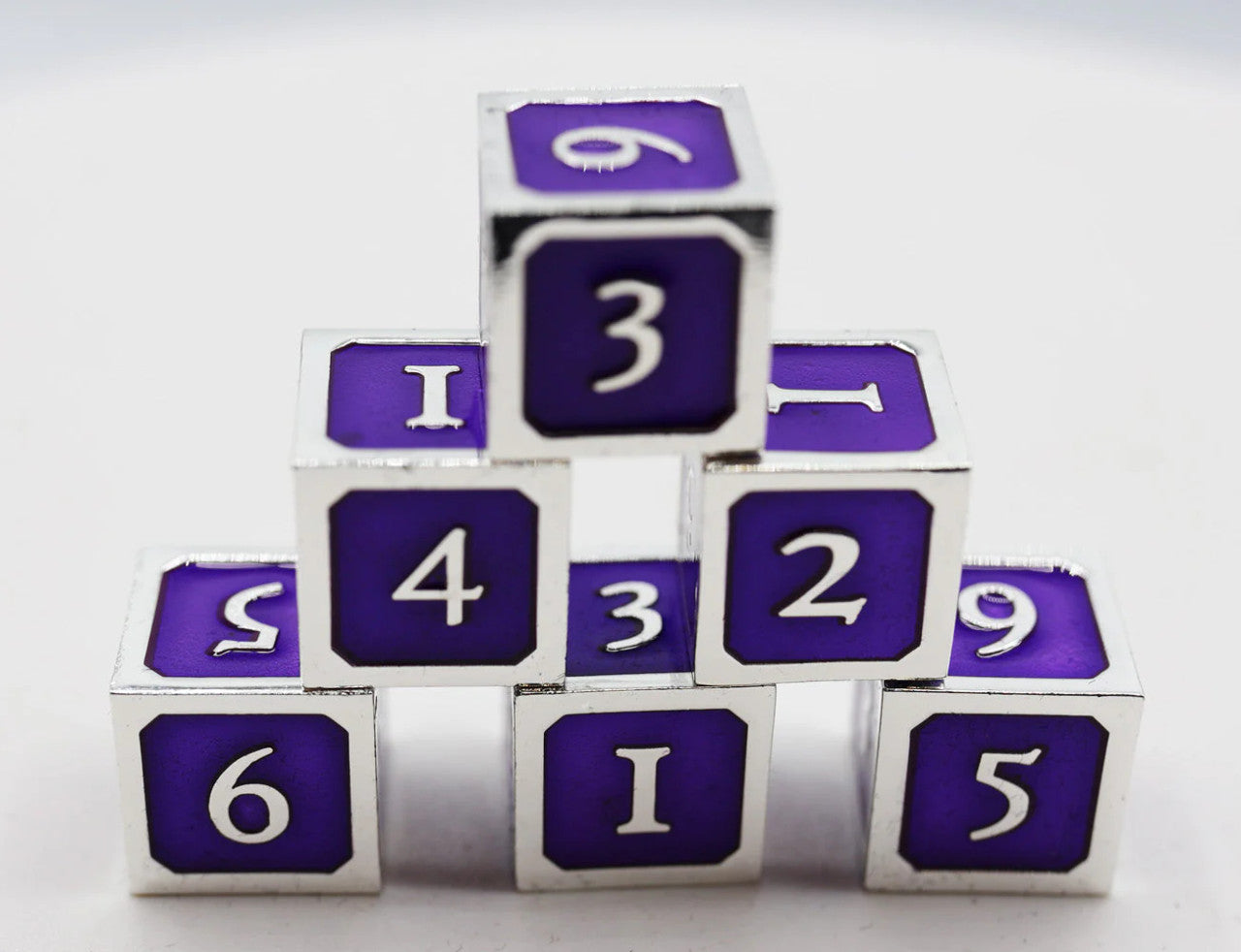 6 piece Metal D6s - Purple and Silver