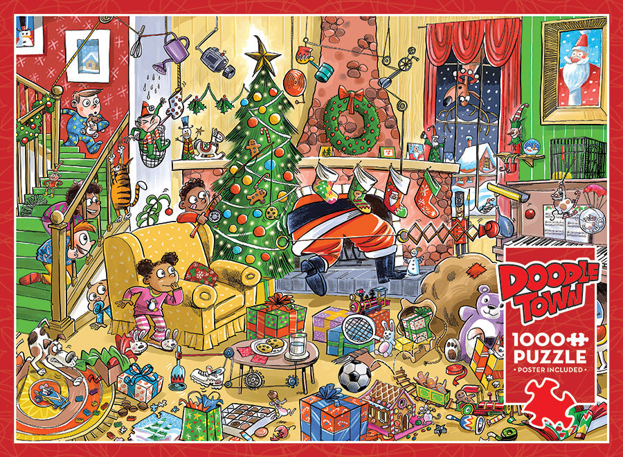 Front of the DoodleTown Catching Santa 1000 piece puzzle box