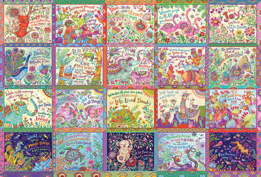 Complete Happy Thoughts puzzle artwork with colorful animals and cheerful sayings