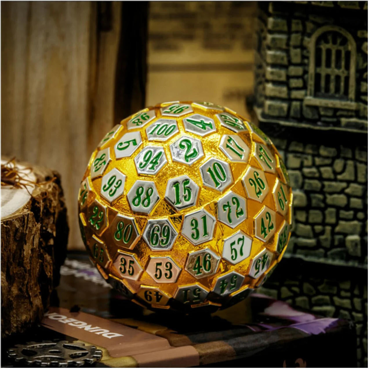 Foam Brain Games 45mm Metal D100 - Gold and Silver with Green