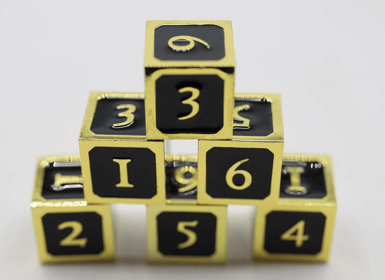 Foam Brain Games 6 piece Metal D6's - Black and Gold 