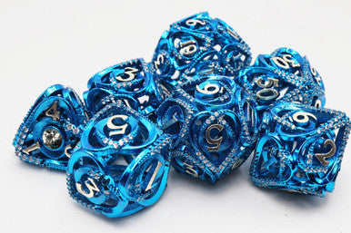 Blue Jeweled Hollow Hearts RPG Metal Dice Set