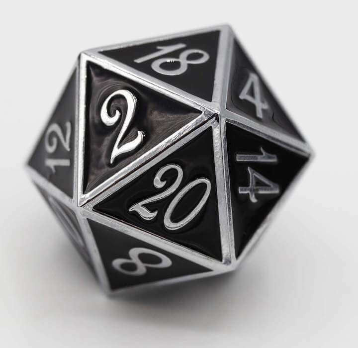Foam Brain Games D20 Silver with Onyx - 35mm Extra Large
