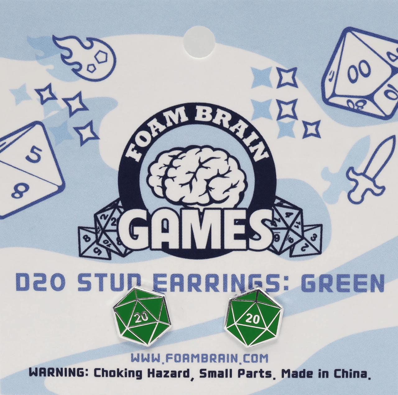 Foam Brain Games D20 Stud Earrings: Green 