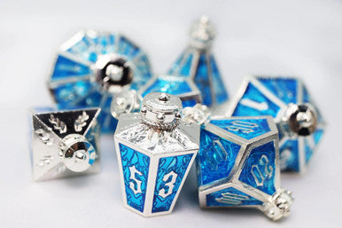 Foam Brain Dice - Metal RPG Dice Set - Moonlit Lantern - Silvered Frostfire
