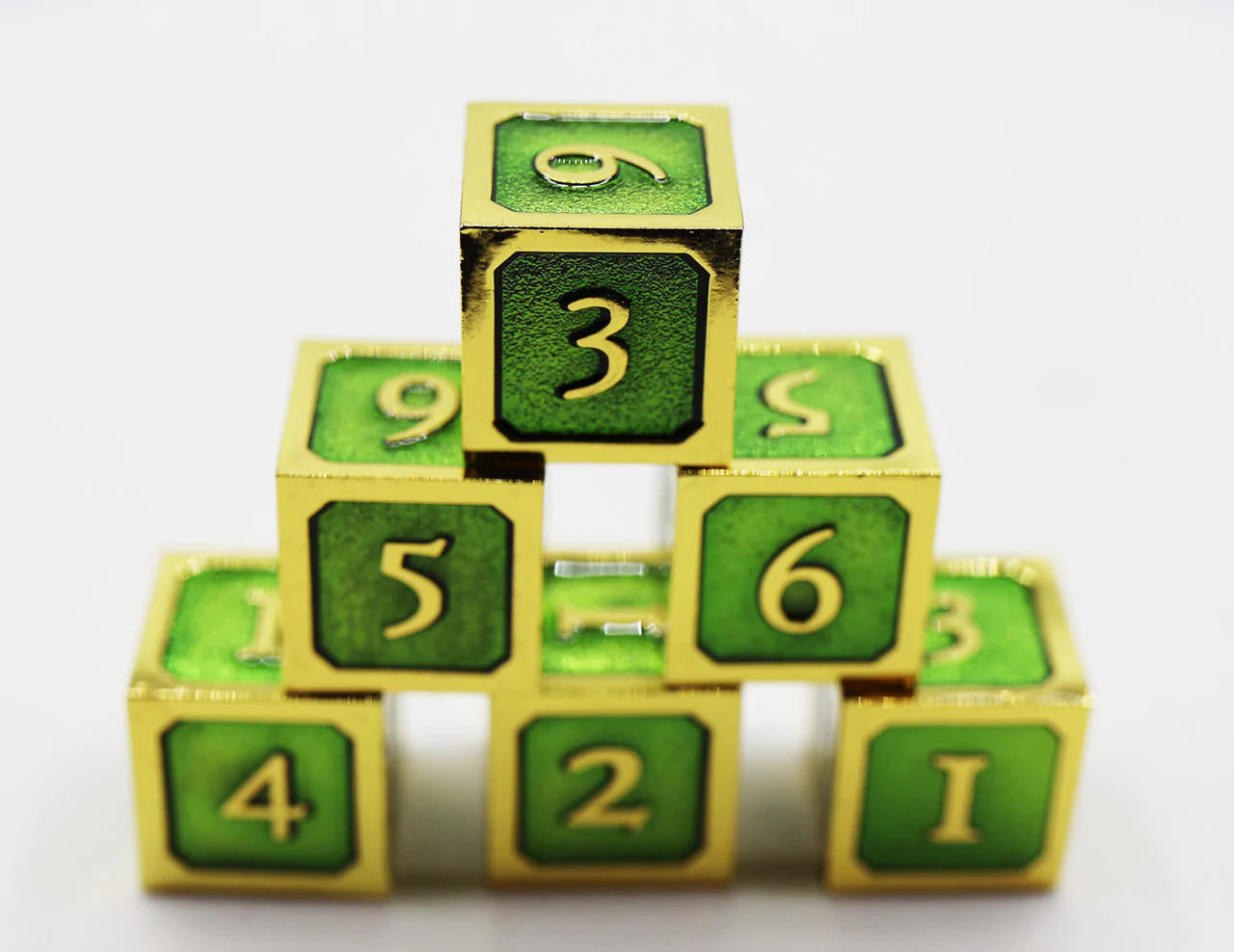 Foam Brain Games Green and Gold D6 Metal Dice Set