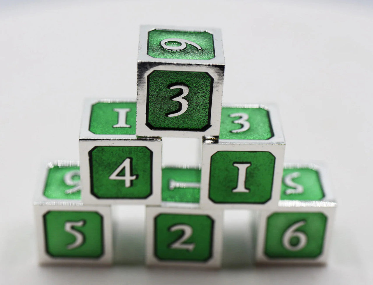 6 piece Metal D6s - Green and Silver
