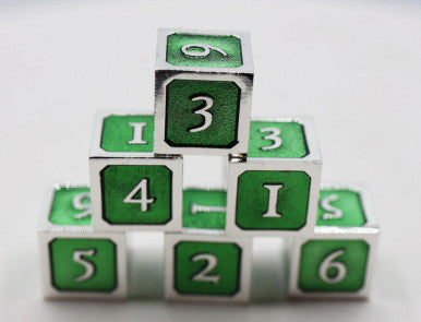6 piece Metal D6s - Green and Silver