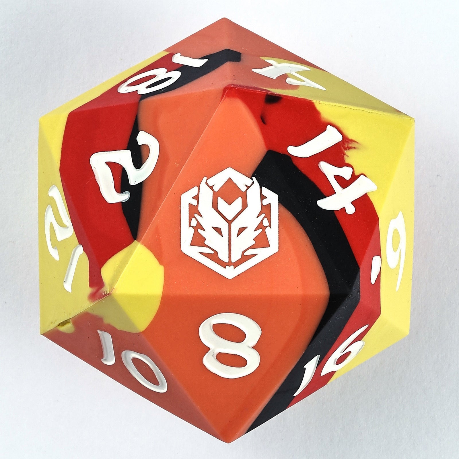 HYMGHO The Fire Ball 55mm silicone D20 with red, orange, yellow and black swirls and white numbers