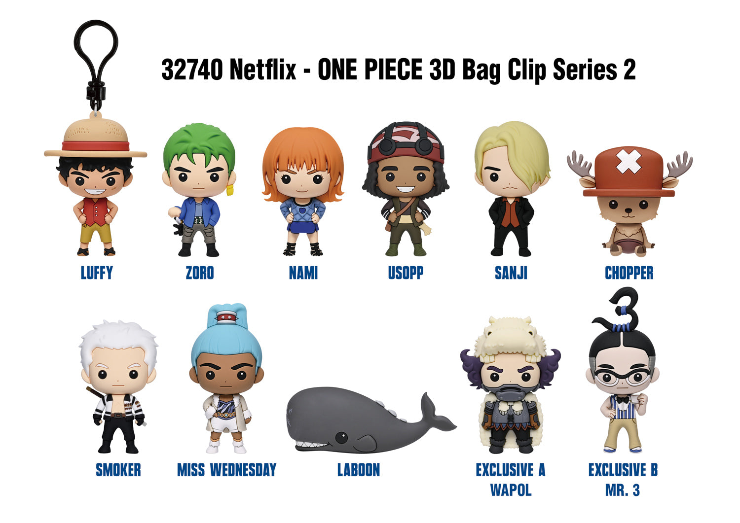 One Piece Live Action 3D Foam Bag Clip, Series 2, collection lineup showing possible designs