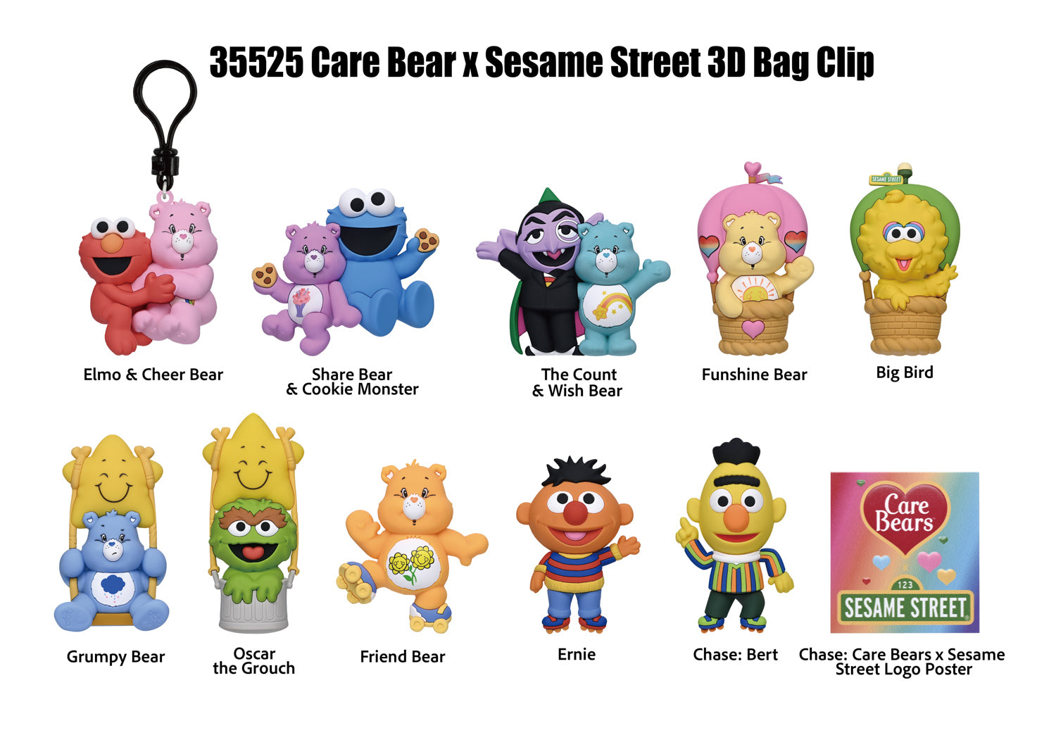 Care Bears x Sesame Street 3D Foam Bag Clip, Series 1, collection lineup showing possible designs