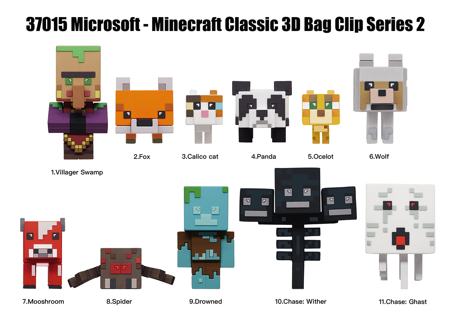 Minecraft 3D Foam Bag Clip, Series 2, collection lineup showing possible designs