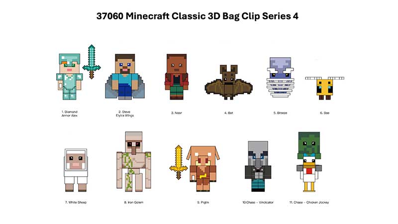 Minecraft 3D Foam Bag Clip, Series 4, collection lineup showing possible designs