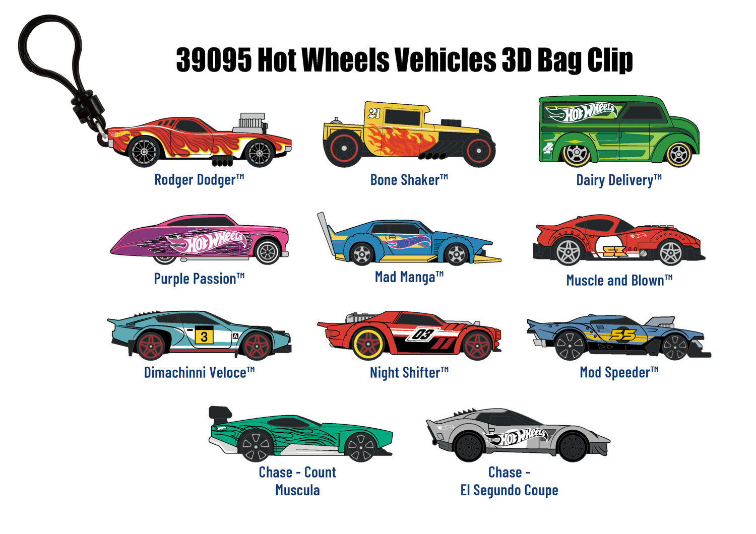 Hot Wheels 3D Foam Bag Clip, Series 1, collection lineup showing possible designs