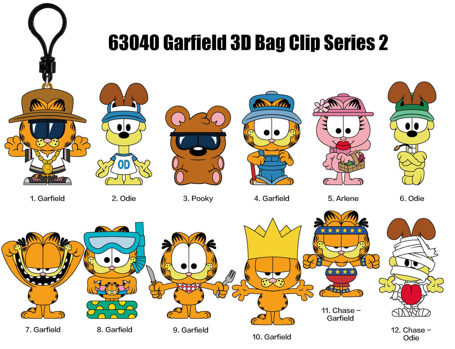 Garfield 3D Foam Bag Clip, Series 2, collection lineup showing possible designs