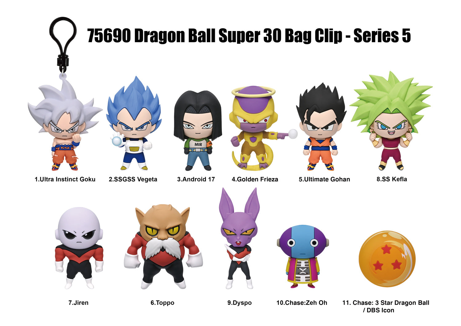 Dragon Ball Super 3D Foam Bag Clip, Series 5, collection lineup showing possible designs