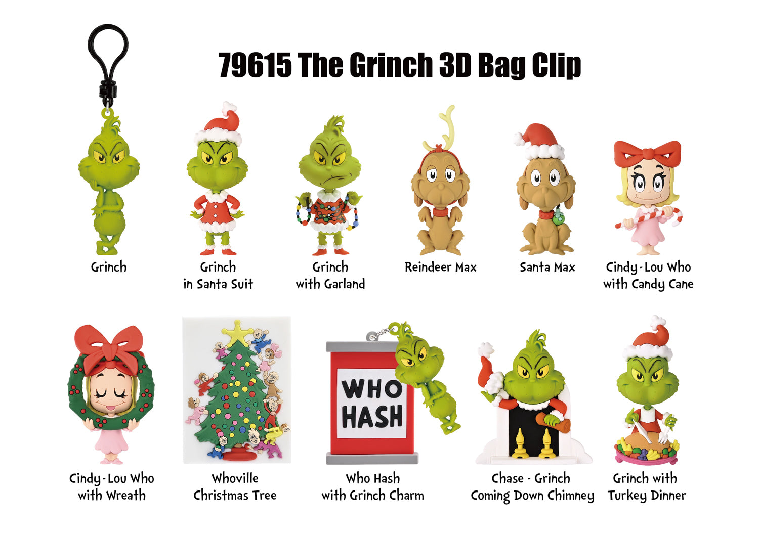 Grinch 3D Foam Bag Clip, Series 1, collection lineup showing possible designs