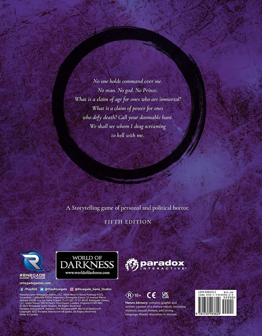 Renegade Game Studios Vampire The Masquerade, 5e: RPG Core Rulebook 