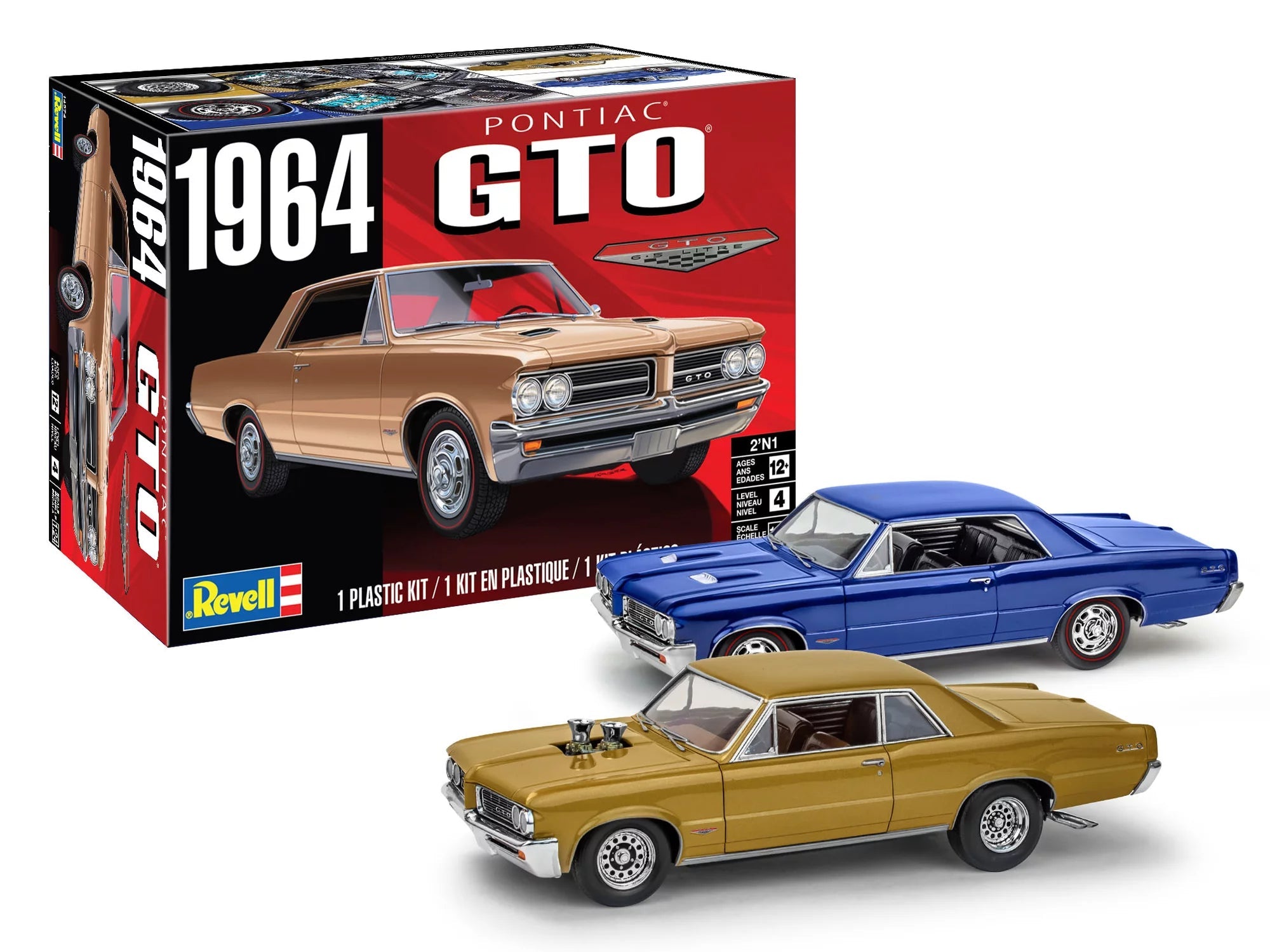 Revell 4574 1/24 1964 Pontiac GTO 2-in-1 model kit box with built examples