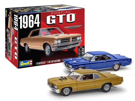 Revell 4574 1/24 1964 Pontiac GTO 2-in-1 model kit box with built examples