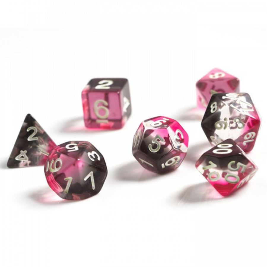 RPG Dice Set (7): Translucent Resin Pink, Black, and Clear with White