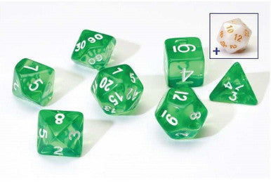 Sirius Dice Set (7): Translucent Green Resin and Blue with Gold