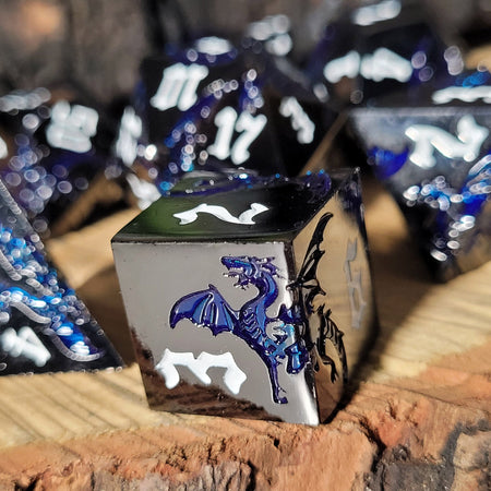 Dragon Attack Gunmetal Gloss Blue Metal RPG Dice Set of 7