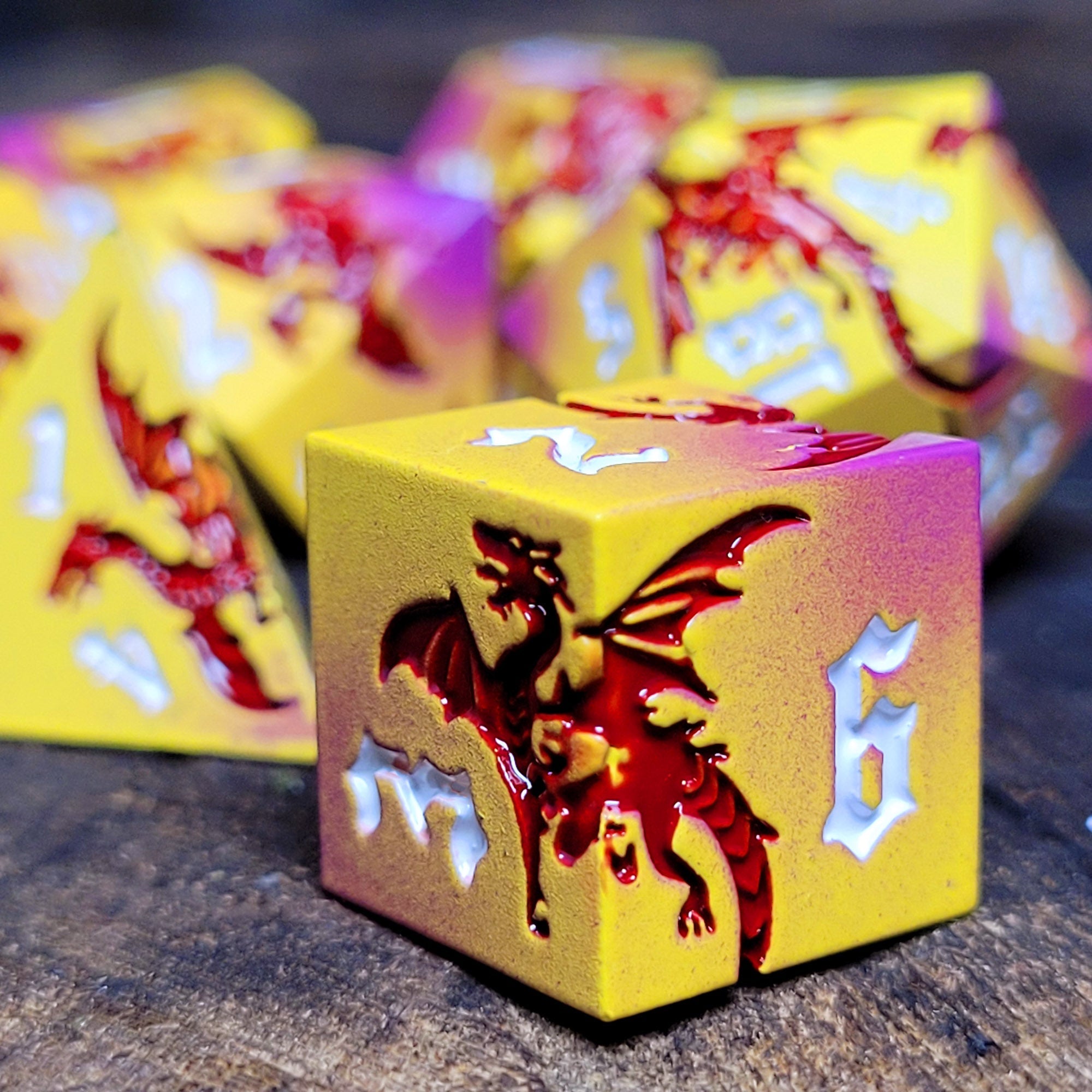 Dragon Attack Yellow Red Metal RPG Dice Set of 7