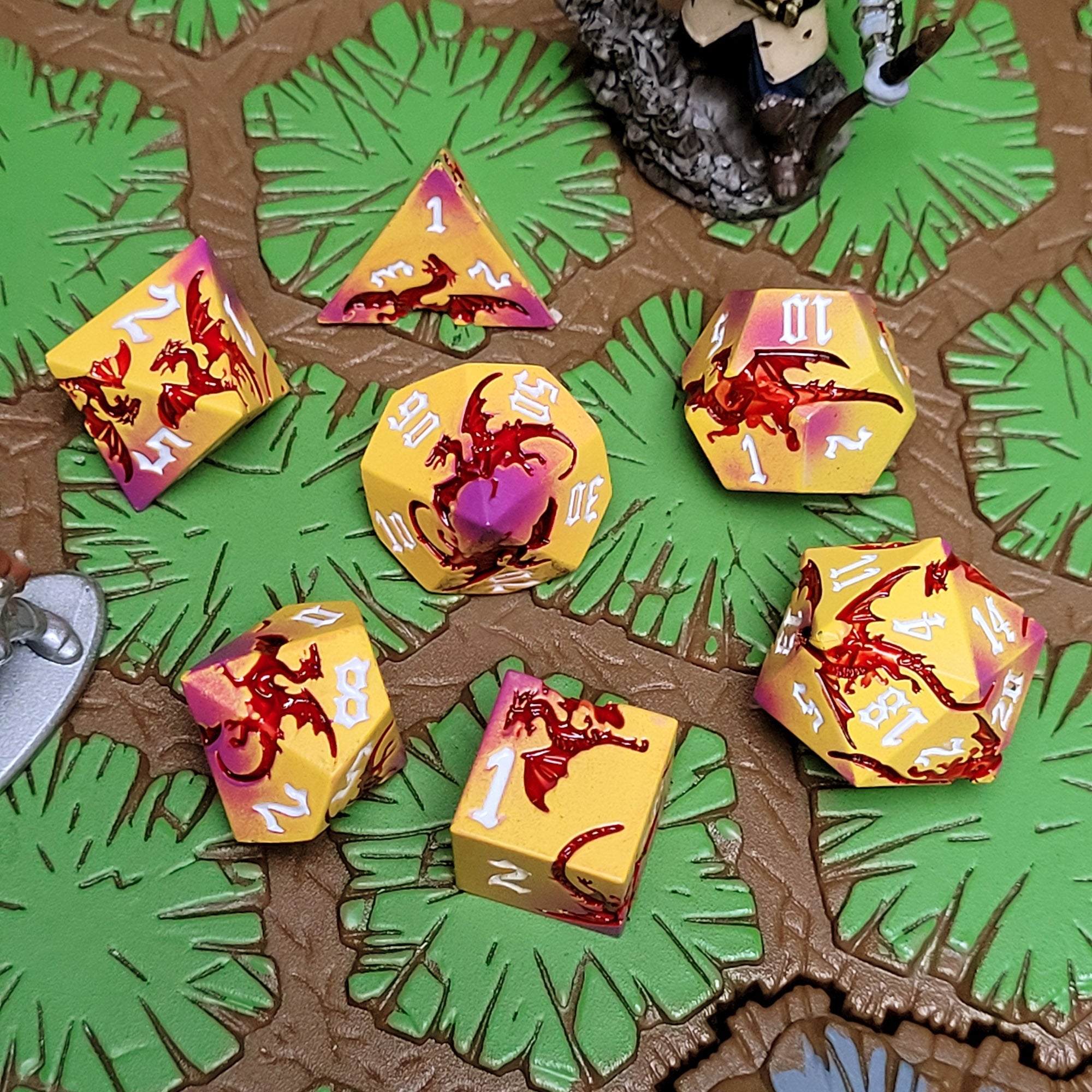 Dragon Attack Yellow Red Metal RPG Dice Set of 7