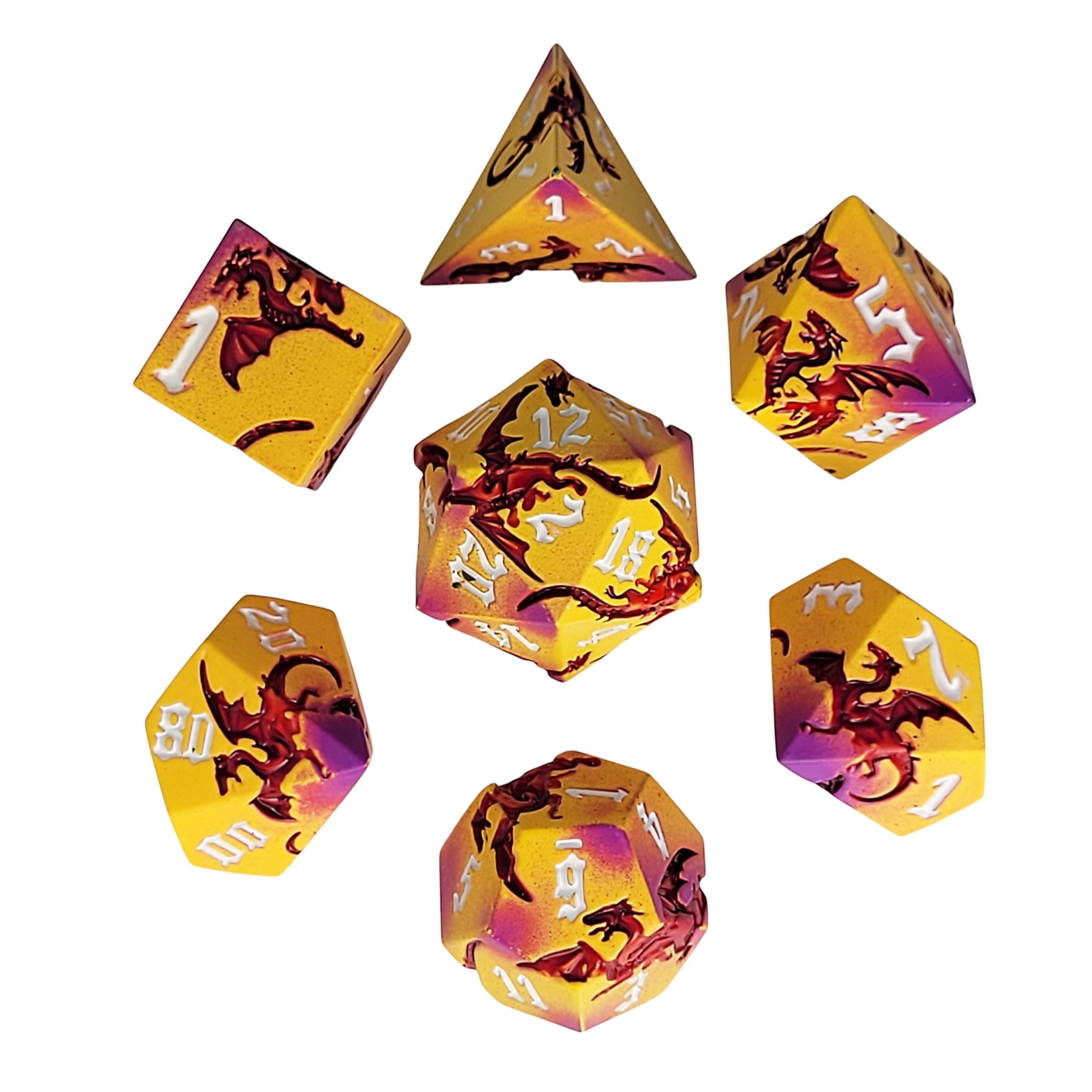 Dragon Attack Yellow Red Metal RPG Dice Set of 7