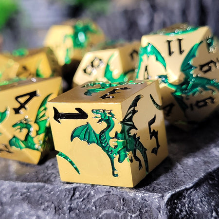 Dragon Attack Gold Green Metal RPG Dice Set of 7