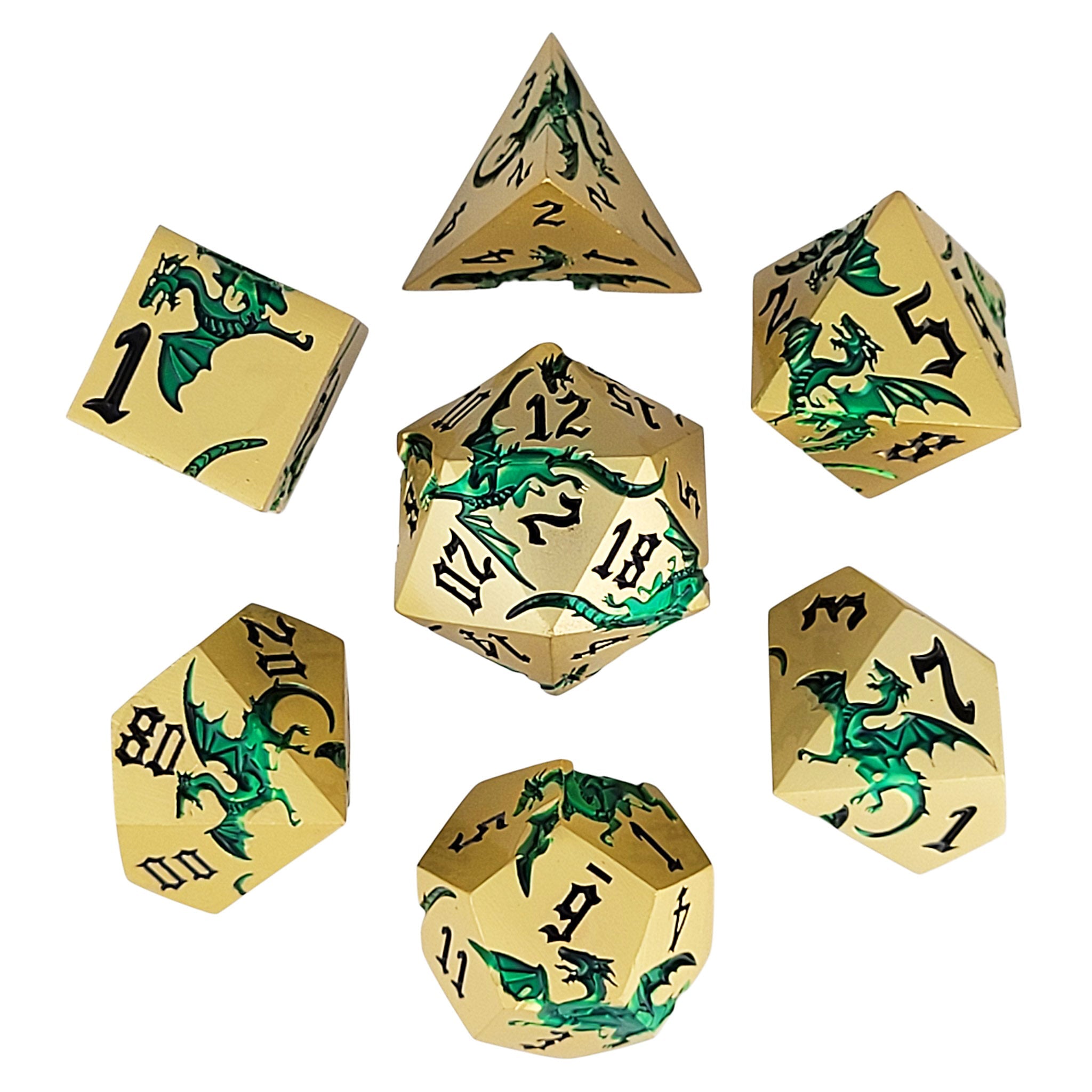 Dragon Attack Gold Green Metal RPG Dice Set of 7