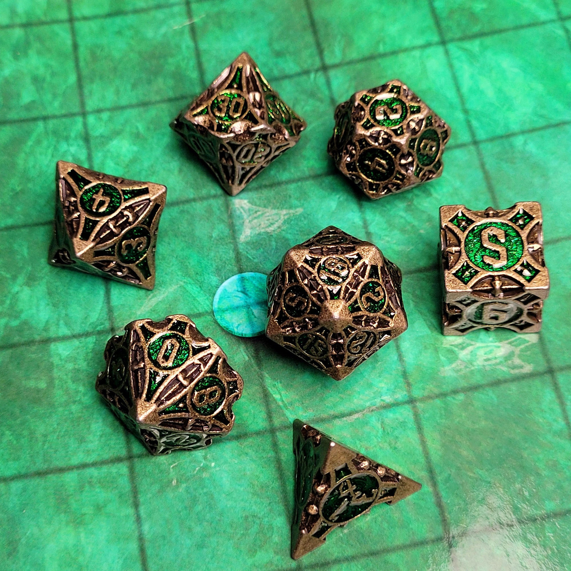 Arcane Enigma Gold Green Metal RPG Dice Set of 7