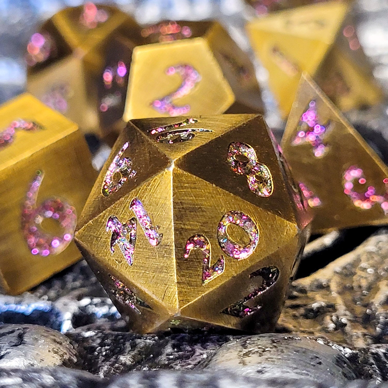 Forged Signature Bronze Purple Glitter Metal RPG Dice Set of 7